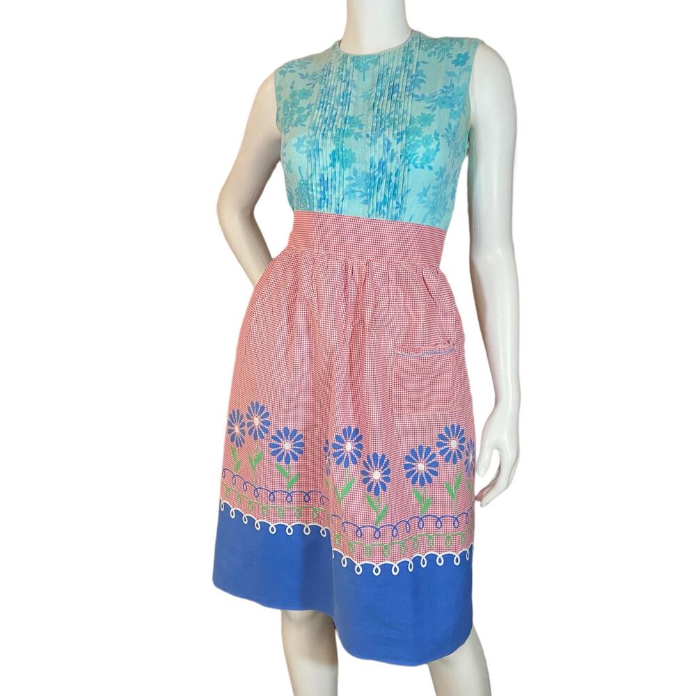 1950s Pink Blue Floral Half Apron Ric Rac Trim Vintage